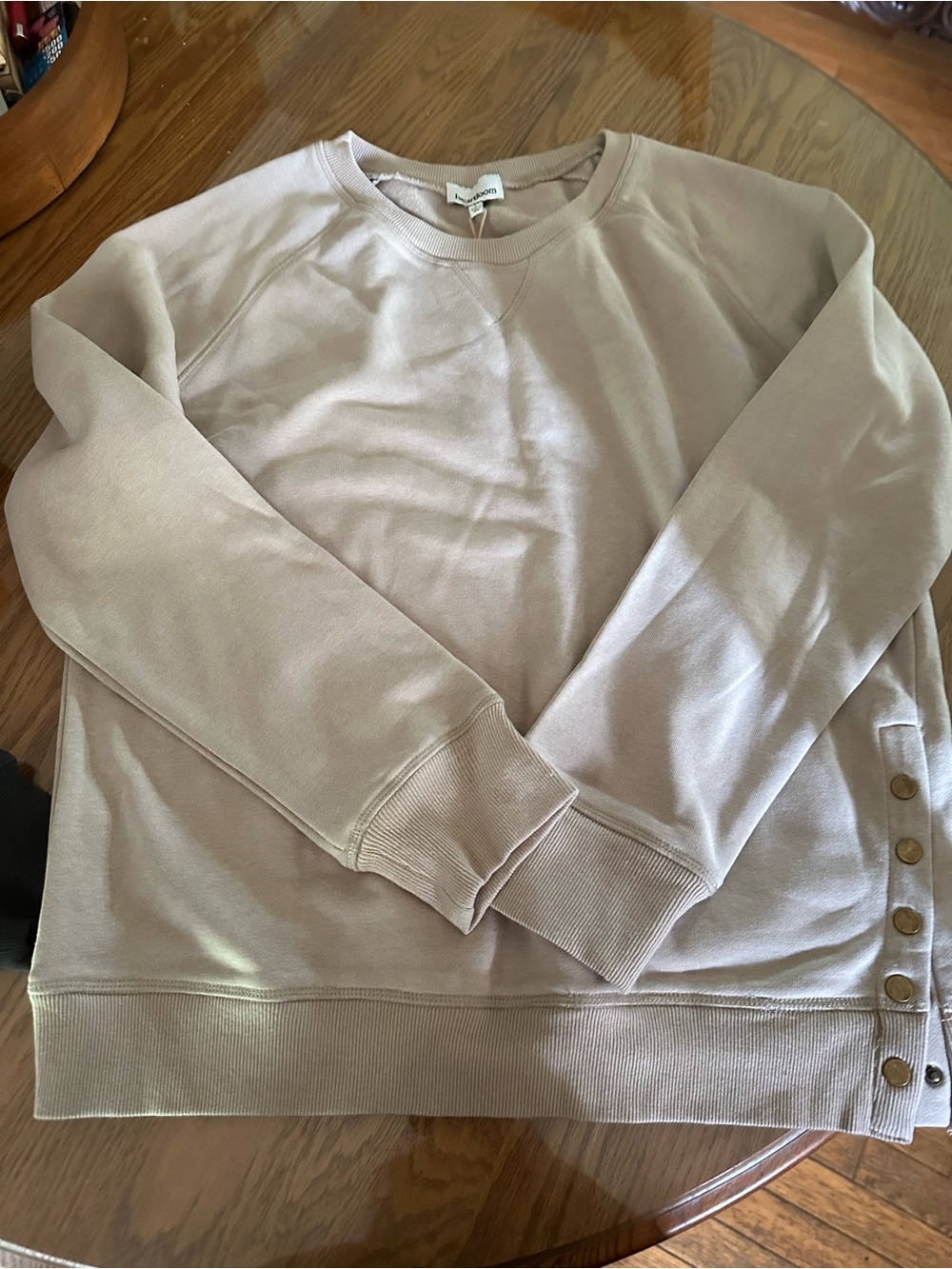 Heartloom Women’s Crewneck Sweater in Light Beige with Side Buttons